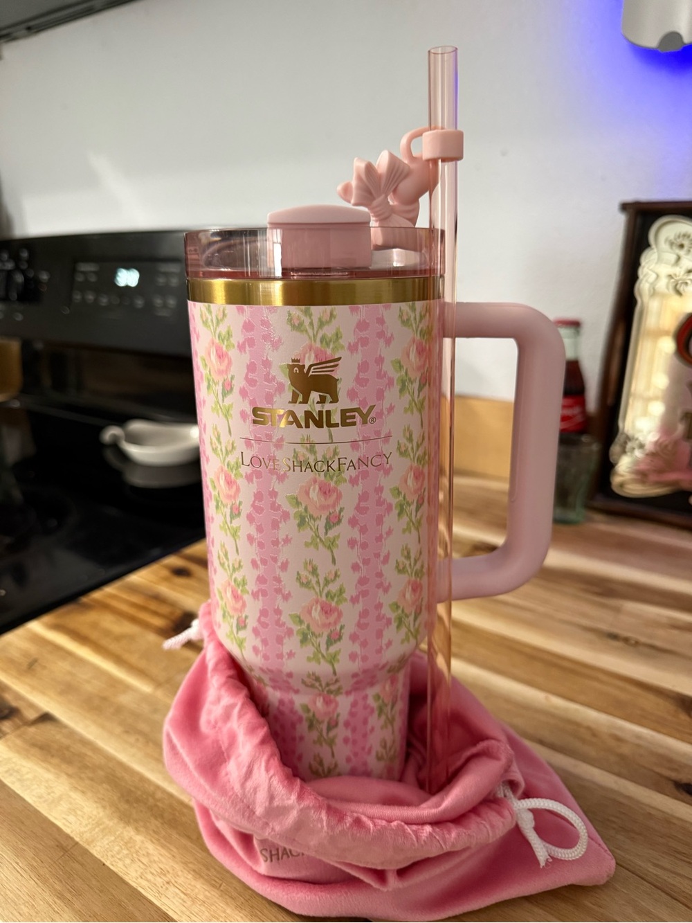 Stanley Pink Floral Travel Tumbler with Gold Accents
